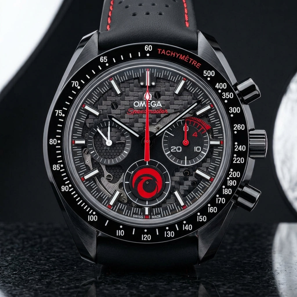 Black ceramic chronograph with a grey-and-black carbon weave dial and a red chronograph hand, standing upright on polished black granite