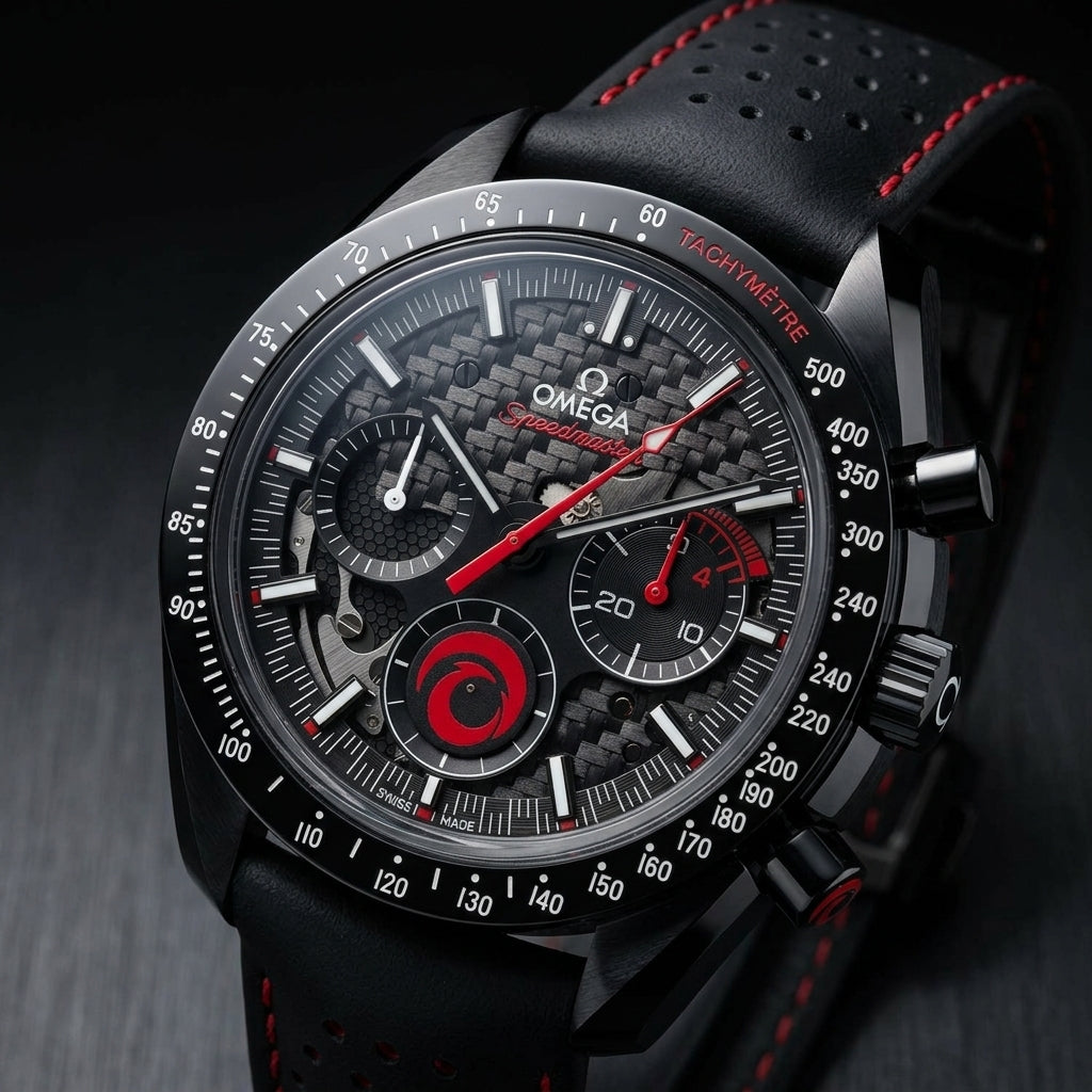 Black ceramic chronograph at a three-quarter angle on dark slate, its red-ended lower pusher below the black crown