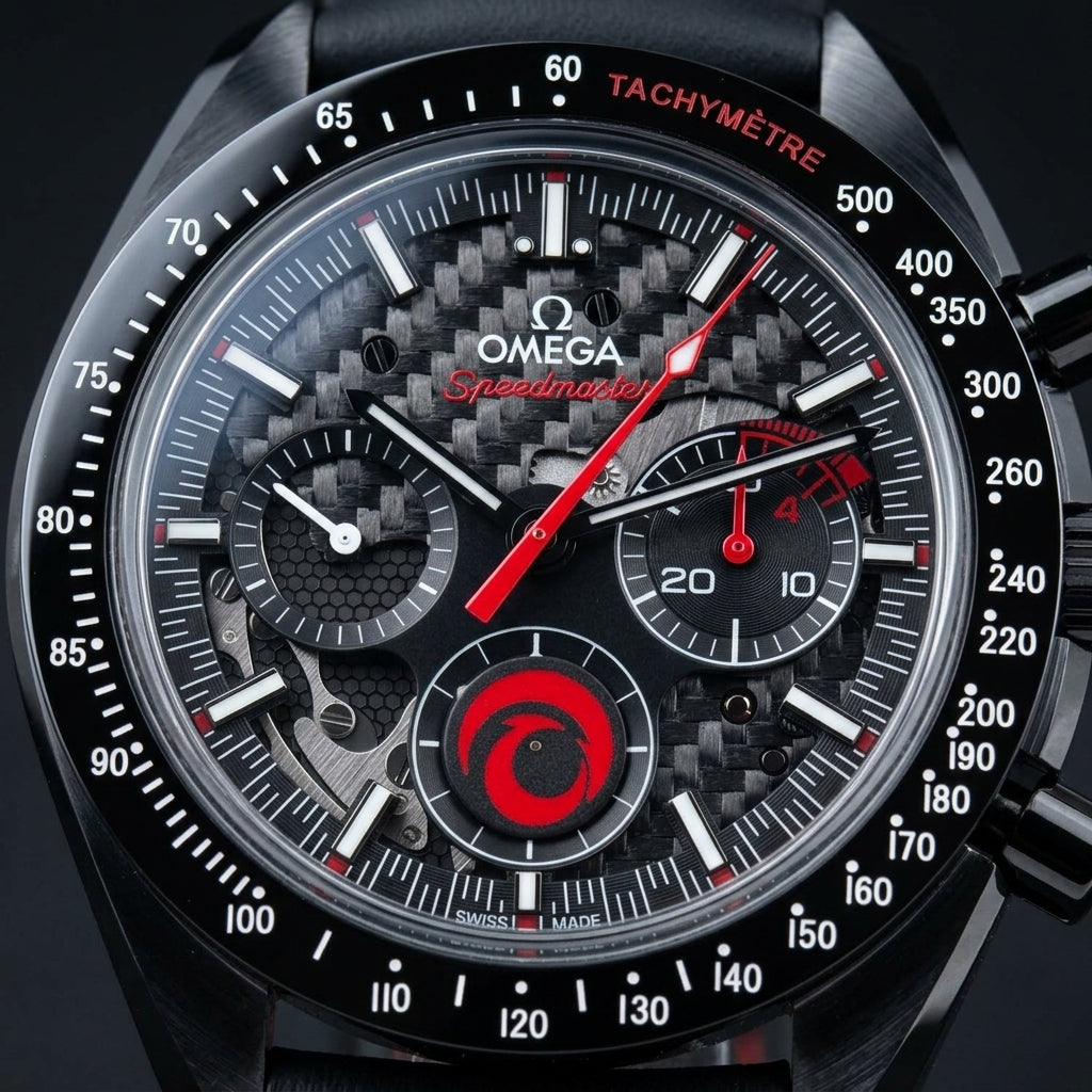Macro of the grey-and-black carbon weave dial: red script, red sector on the counter at three, red swirl at six and the open section at nine