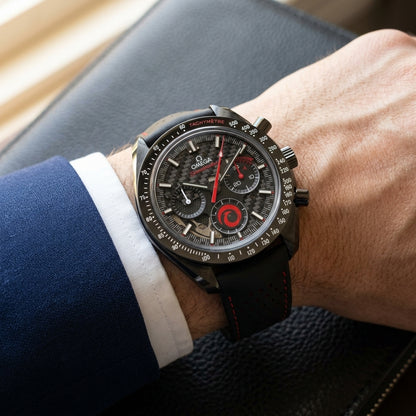 Black ceramic chronograph on a black perforated strap with red stitching, worn on a wrist below a navy suit cuff