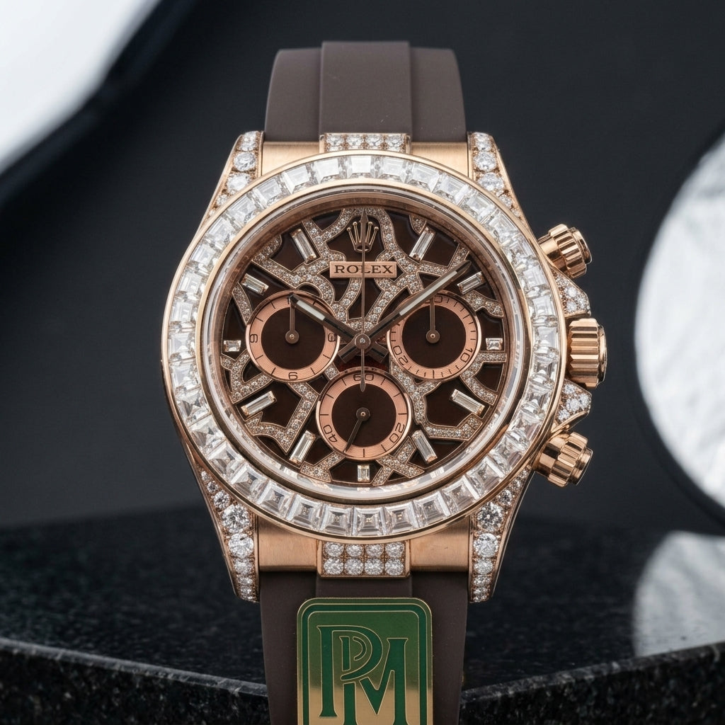 Skeleton Chronograph — Rose Gold, Stone Set — studio photograph on black granite