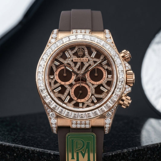 Skeleton Chronograph — Rose Gold, Stone Set — studio photograph on black granite