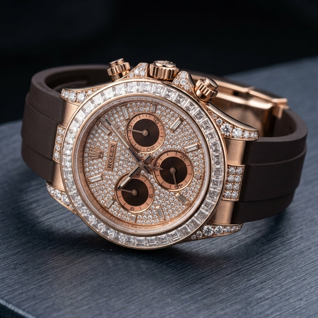 Skeleton Chronograph — Rose Gold, Stone Set — three-quarter view showing case and bracelet profile