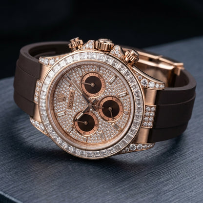 Skeleton Chronograph — Rose Gold, Stone Set — three-quarter view showing case and bracelet profile