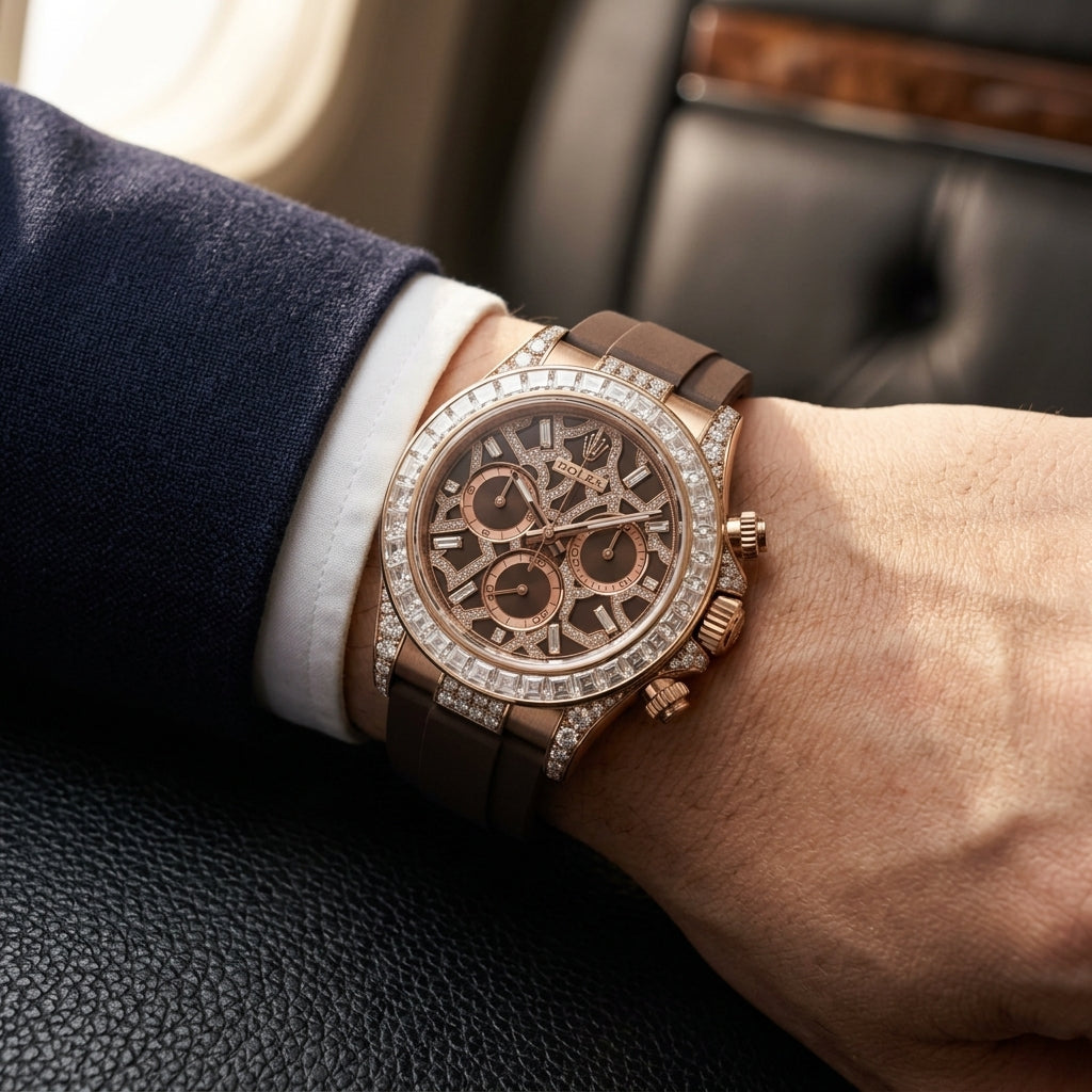 Skeleton Chronograph — Rose Gold, Stone Set — worn on the wrist under a tailored cuff