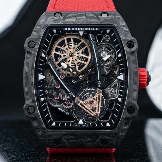 Black carbon skeleton tonneau watch with a red crown and red woven strap, upright on polished black granite