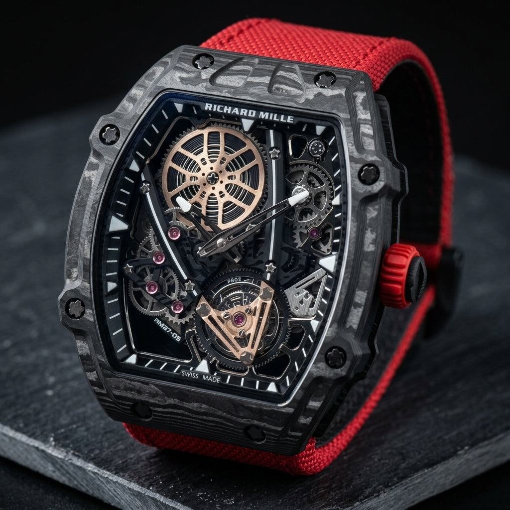 Black carbon tonneau watch at a three-quarter angle on dark slate, the grey-grained case beside the ribbed red crown