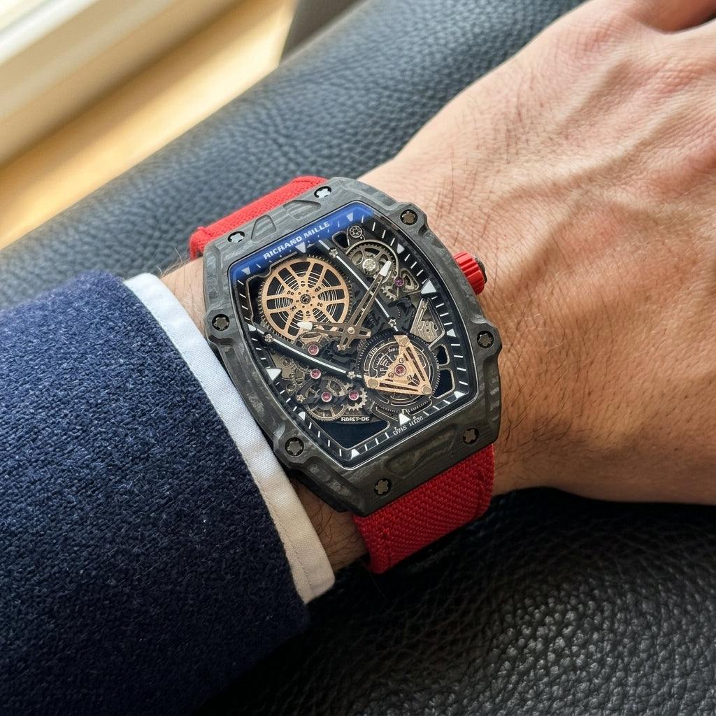 Black carbon skeleton tonneau watch on its red woven strap, worn on the wrist below a dark suit cuff