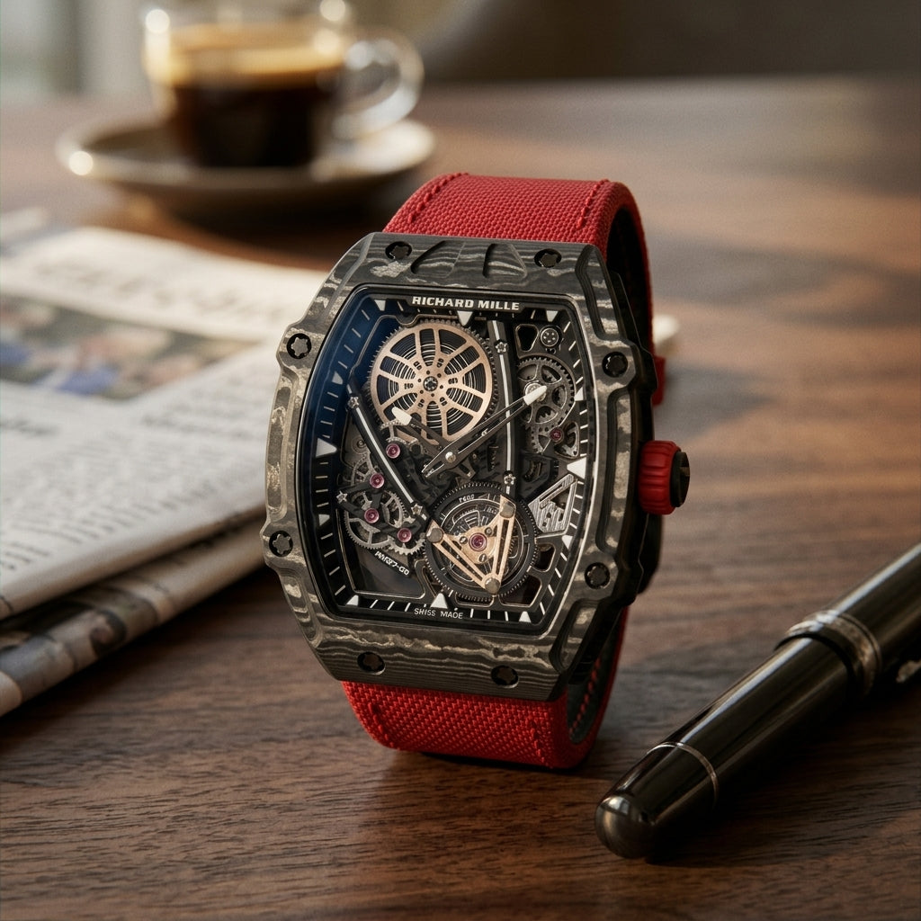 Black carbon skeleton tonneau watch with a red strap on a dark walnut desk beside a fountain pen