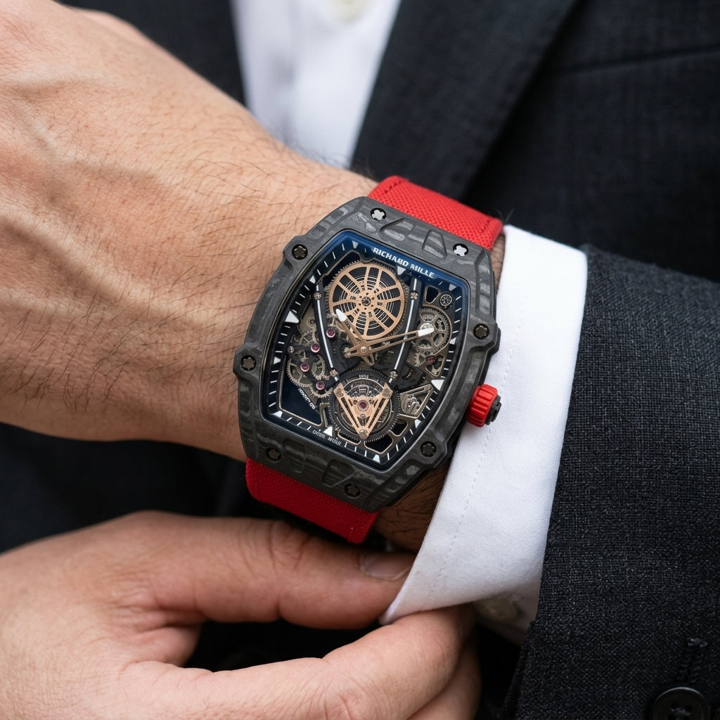 Black carbon tonneau watch with a red crown on the wrist as a shirt cuff is fastened