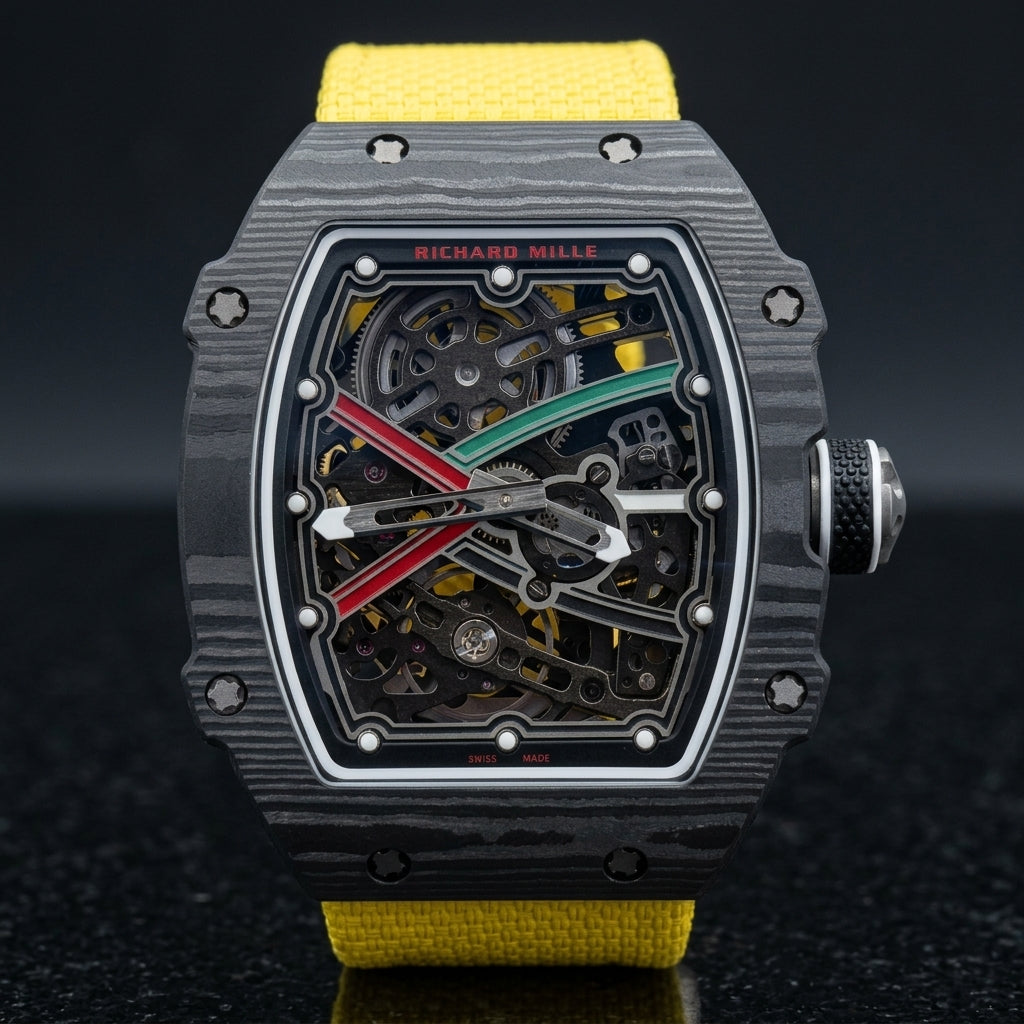 Ultra-thin black carbon tonneau watch with a skeleton dial, a red and green X and a bright yellow woven strap, upright on polished black granite