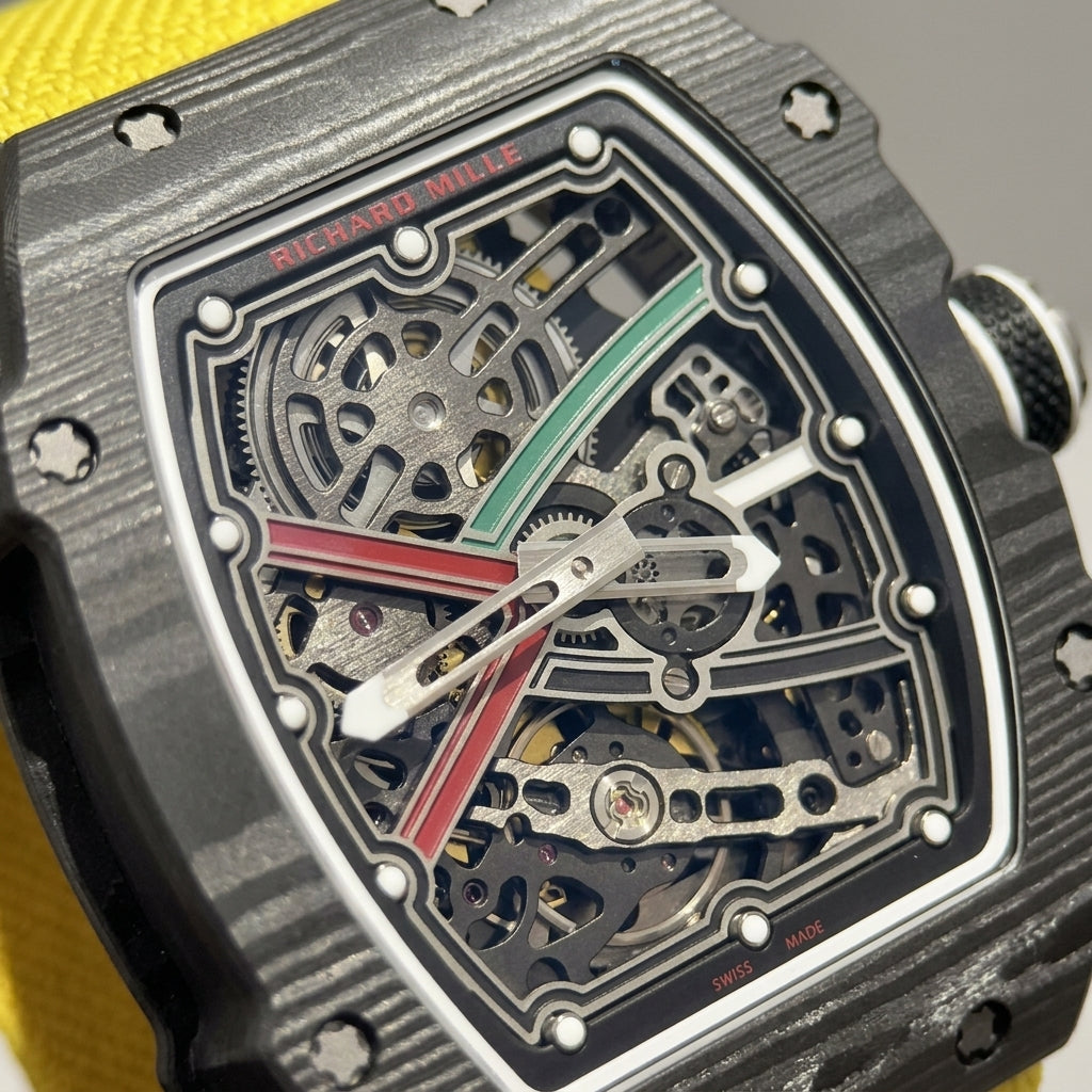 Macro of the open skeleton dial: twelve white hour dots on a black flange, a red and green X and brushed silver open-worked hands