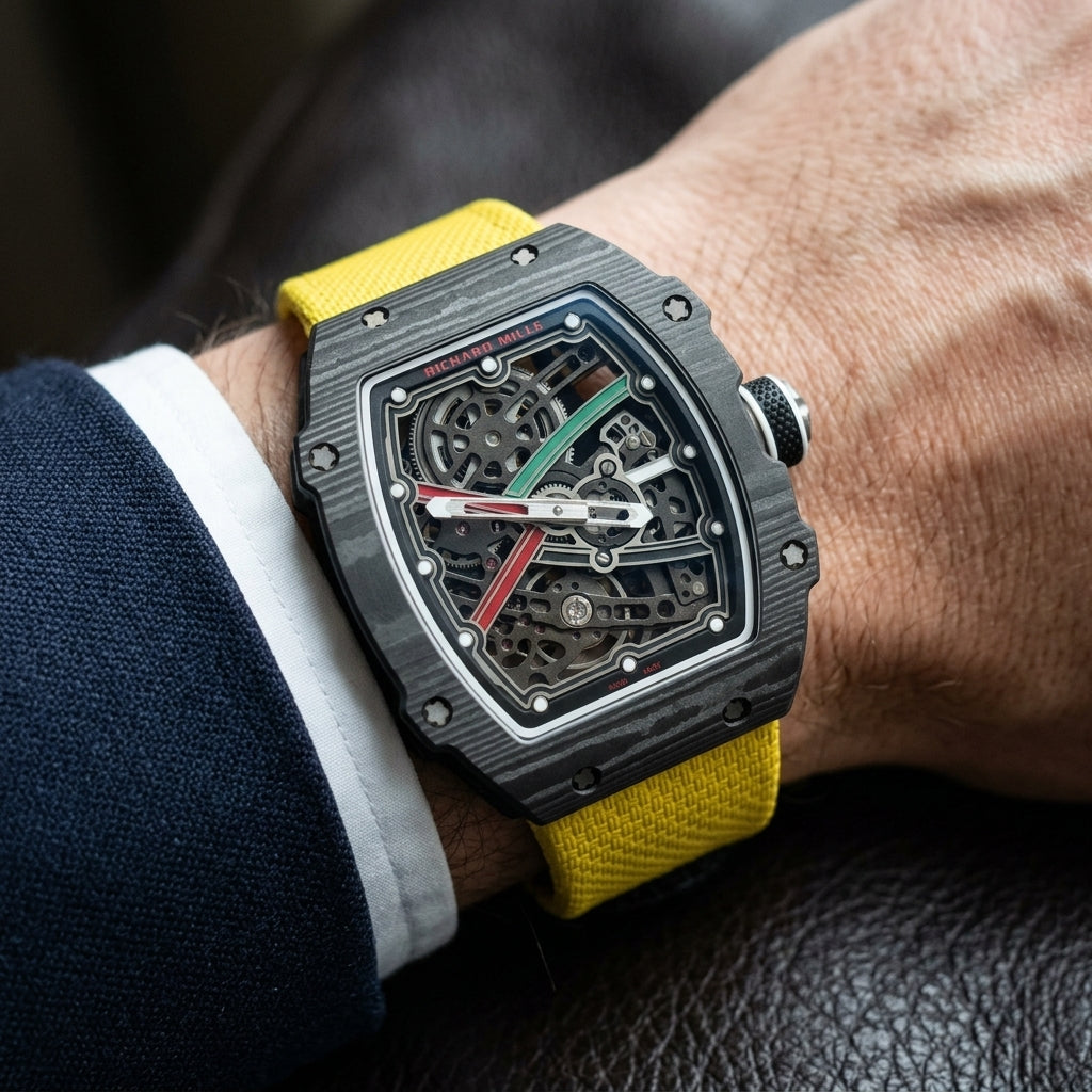 Black carbon tonneau watch on a bright yellow elastic strap, worn on the wrist below a navy suit cuff