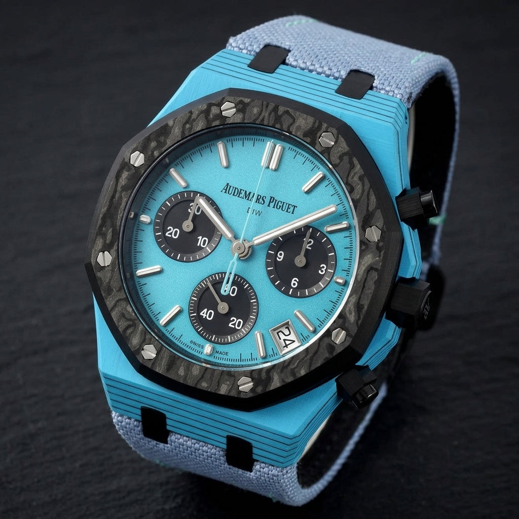 Octagonal chronograph at a three-quarter angle on dark slate, black layer lines through the sky-blue flank beside the black crown and pushers
