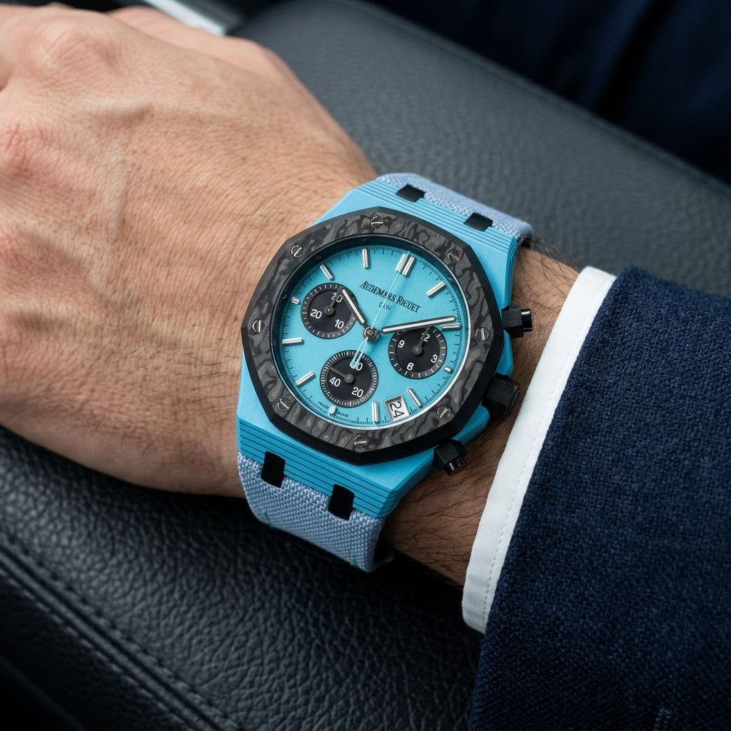 Octagonal chronograph with a sky-blue case on its light-blue canvas strap, worn on the wrist below a dark suit cuff