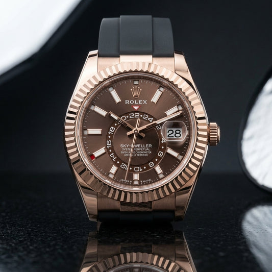 Rose-gold dual-time watch with a chocolate sunray dial and fluted bezel, upright on polished black granite