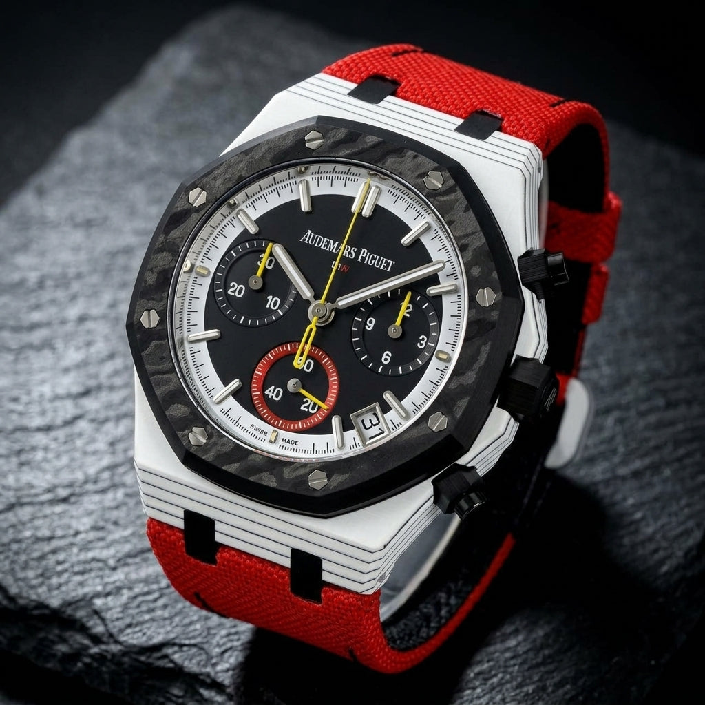 White octagonal chronograph at a three-quarter angle on dark slate, thin black lines along its flank beside the black crown and pushers