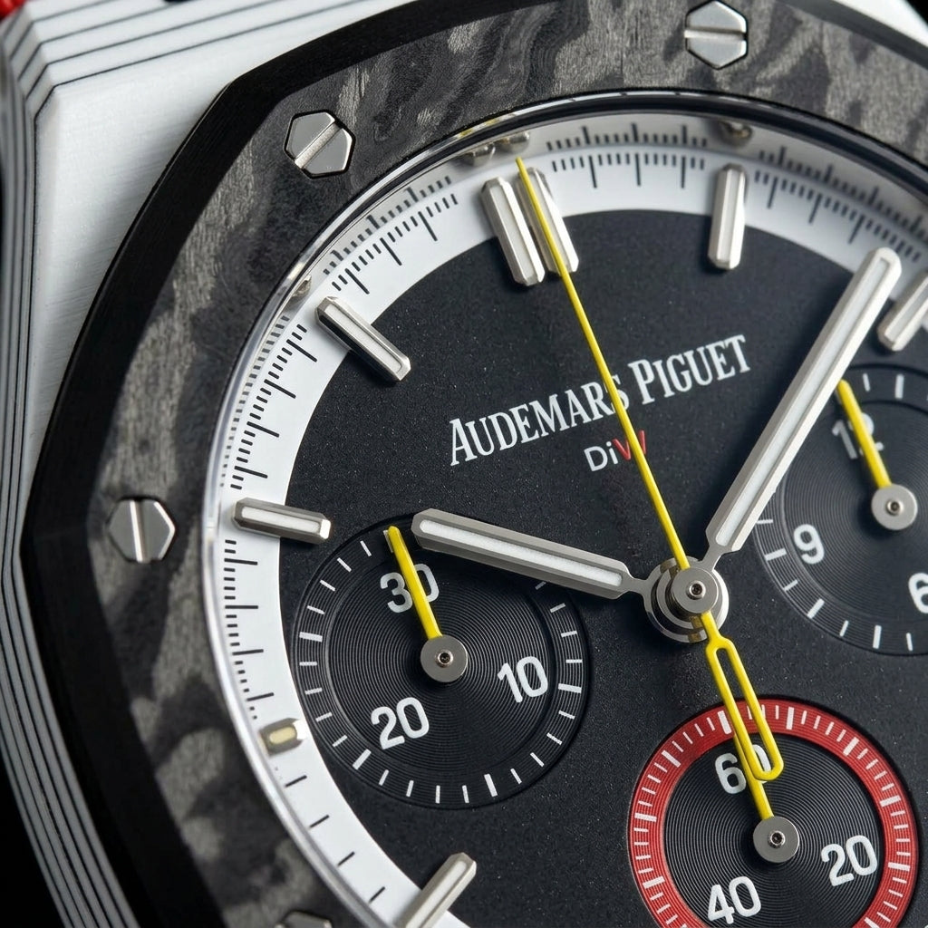 Macro of the black dial in its white outer ring, yellow hands and a red-ringed counter inside the black carbon bezel