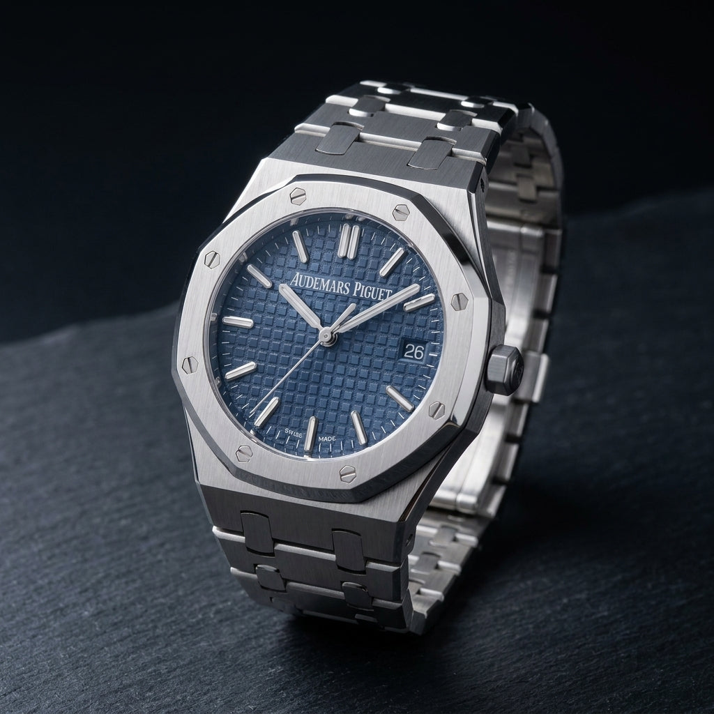 Three-quarter view showing the octagonal bezel and integrated bracelet