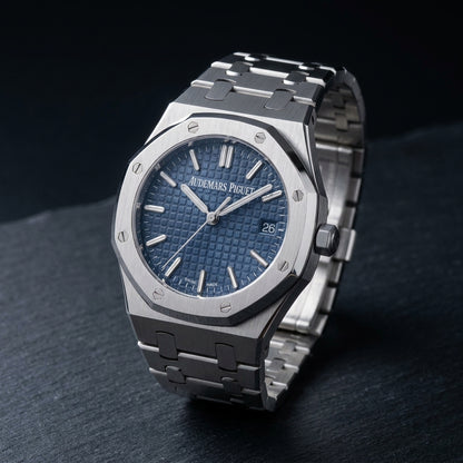 Three-quarter view showing the octagonal bezel and integrated bracelet