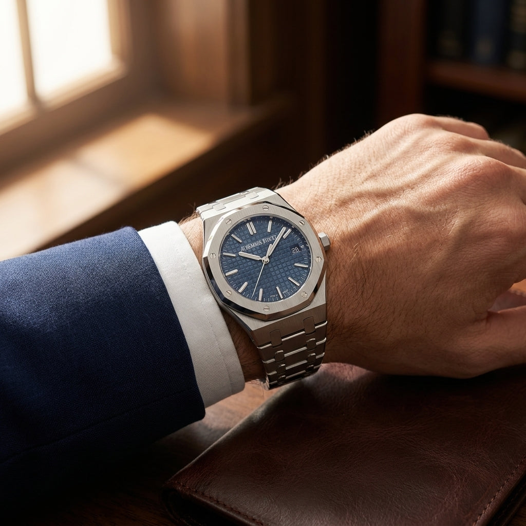 The Royal Oak worn on the wrist beneath a navy suit cuff