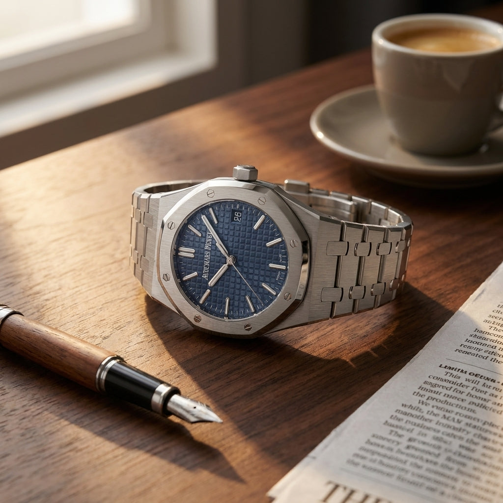 Steel integrated-bracelet watch with blue tapisserie dial on a walnut desk