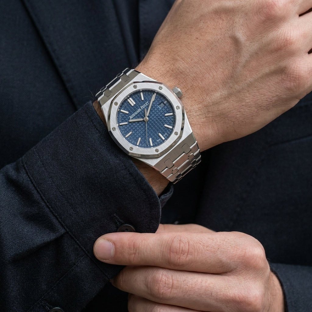 Macro of the blue tapisserie dial texture and octagonal bezel screws