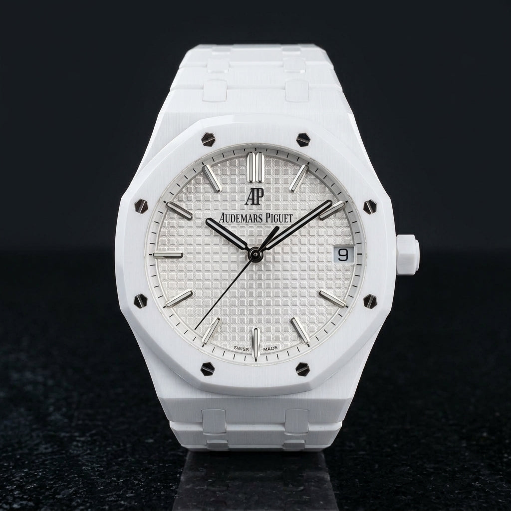 Octagonal Sports Watch — White Ceramic — studio photograph on black granite