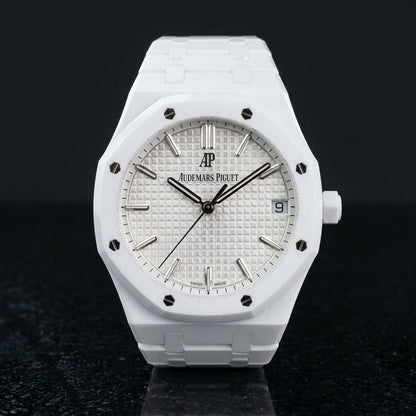 Octagonal Sports Watch — White Ceramic — studio photograph on black granite