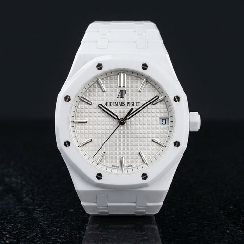 Octagonal Sports Watch — White Ceramic — studio photograph on black granite