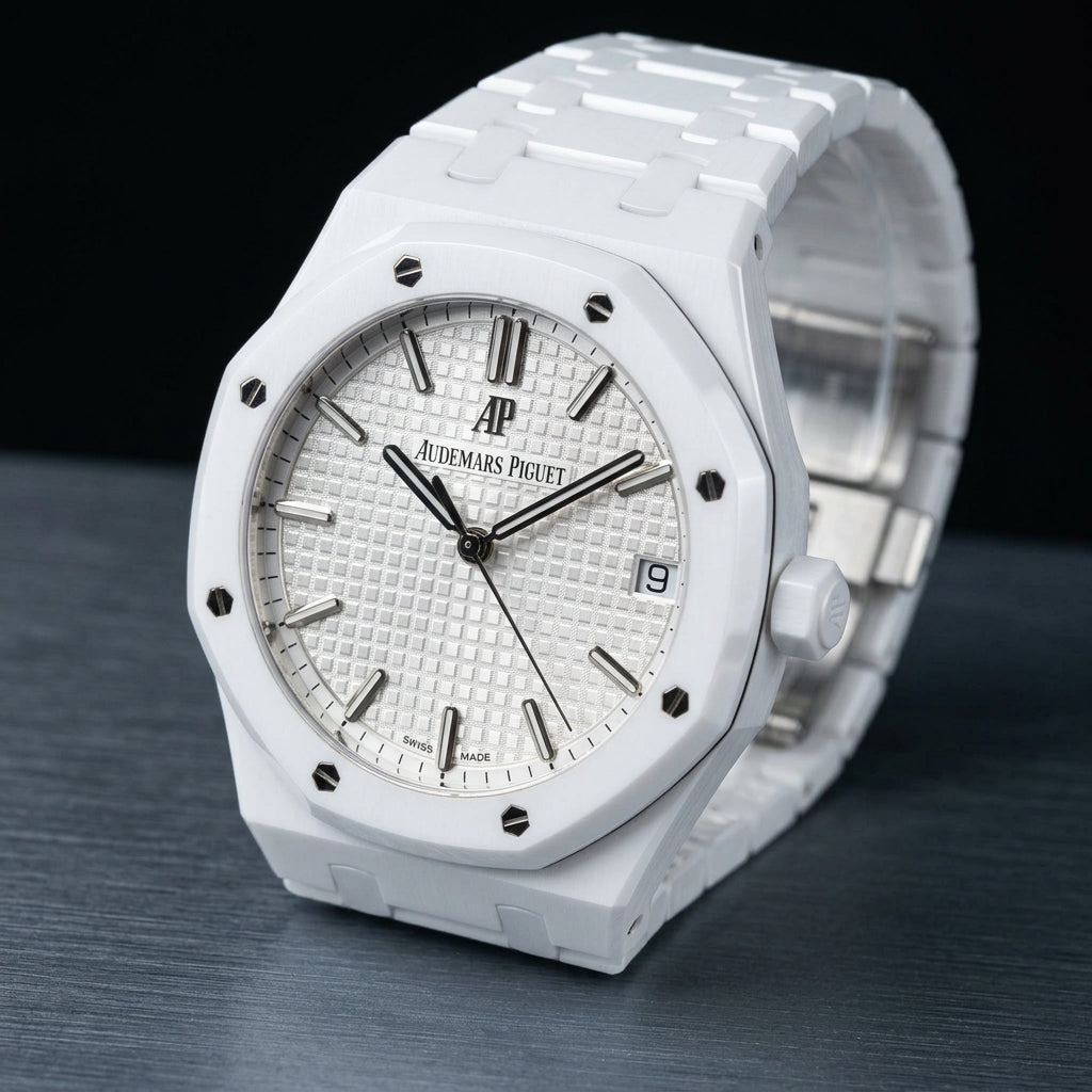 Octagonal Sports Watch — White Ceramic — three-quarter view showing case and bracelet profile
