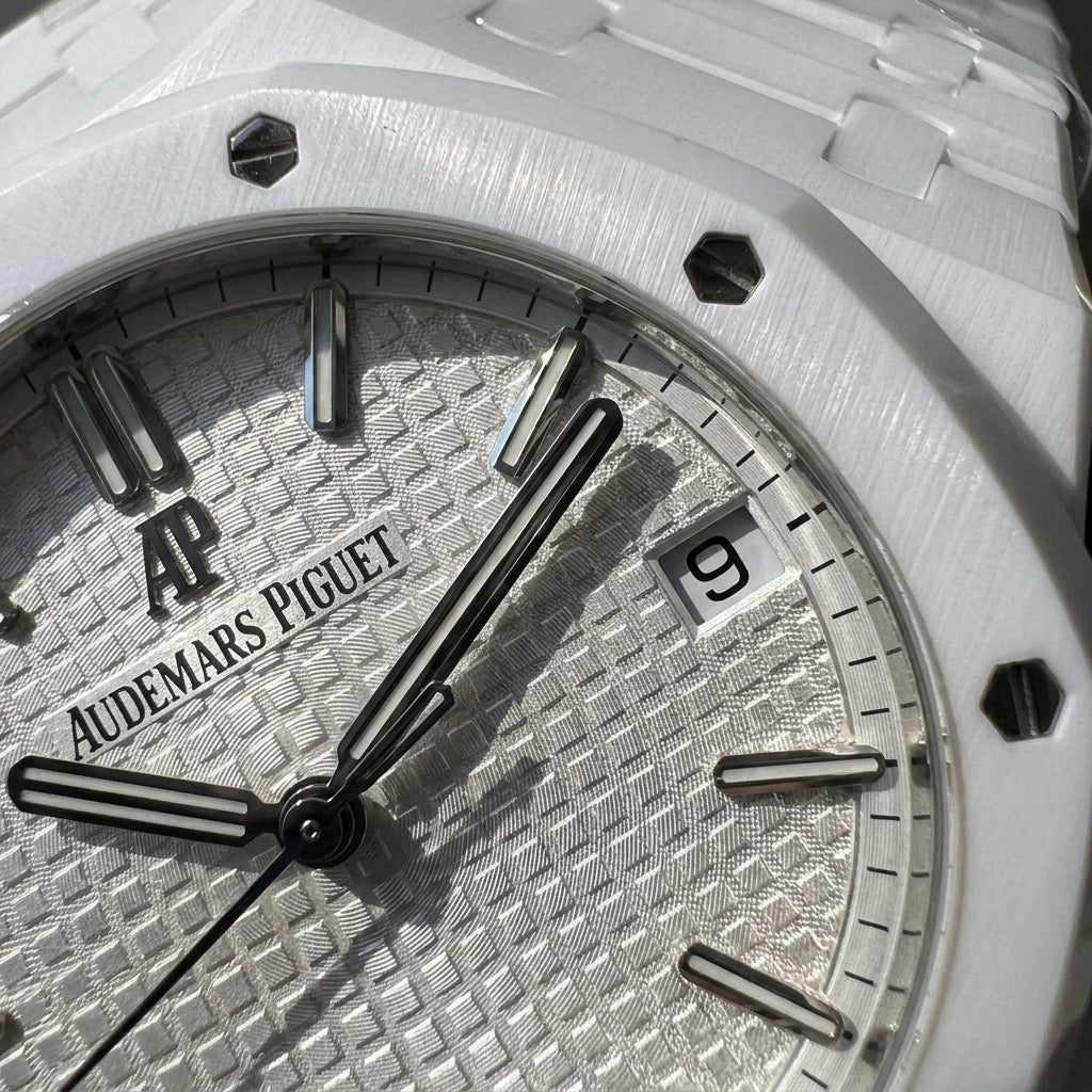 Octagonal Sports Watch — White Ceramic — macro of the dial and bezel detail