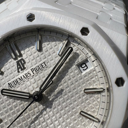 Octagonal Sports Watch — White Ceramic — macro of the dial and bezel detail