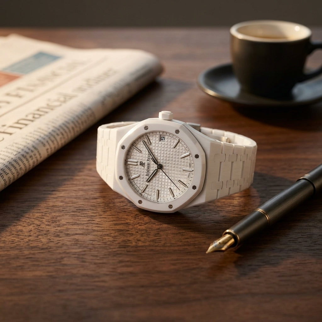 White ceramic octagonal sports watch on a dark walnut desk beside a fountain pen