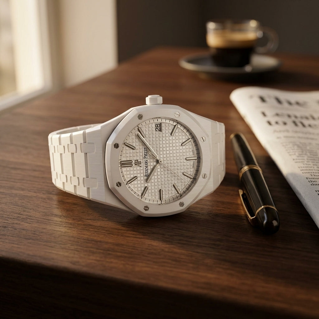 White ceramic octagonal sports watch on a dark walnut desk beside a fountain pen