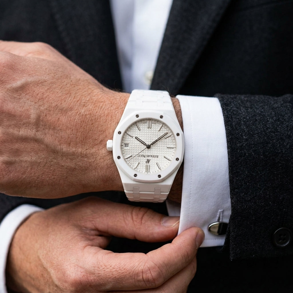 White ceramic octagonal sports watch on the wrist as a shirt cuff is fastened