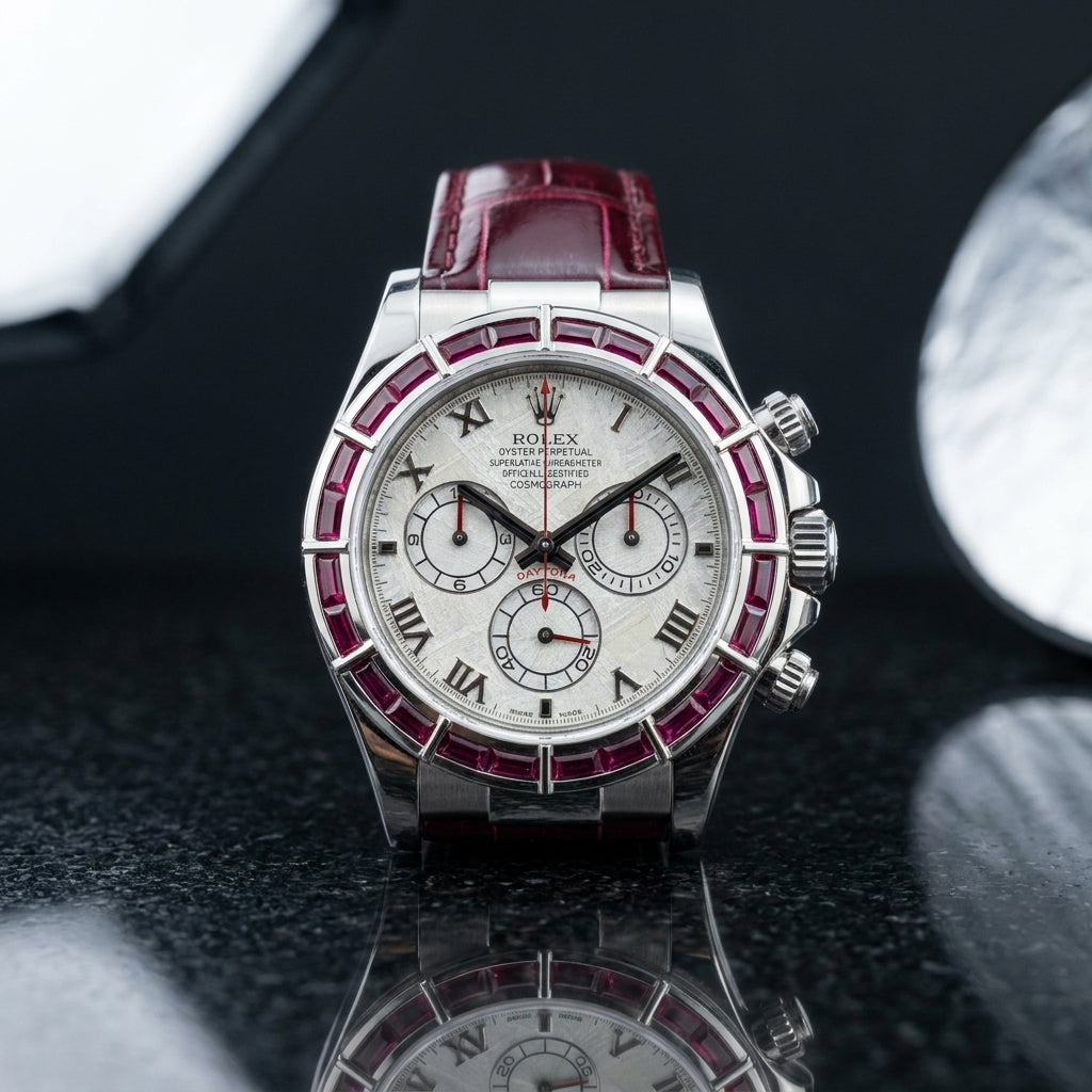 Studio photograph of the Ruby Baguette Bezel on black granite