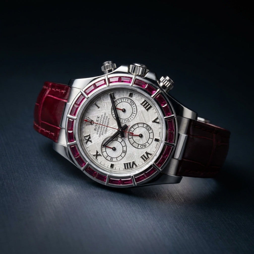 Three-quarter view showing the case profile and bracelet of the Ruby Baguette Bezel