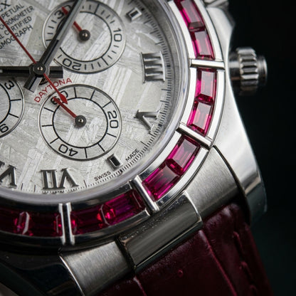 Close macro of the dial and bezel detail on the Ruby Baguette Bezel