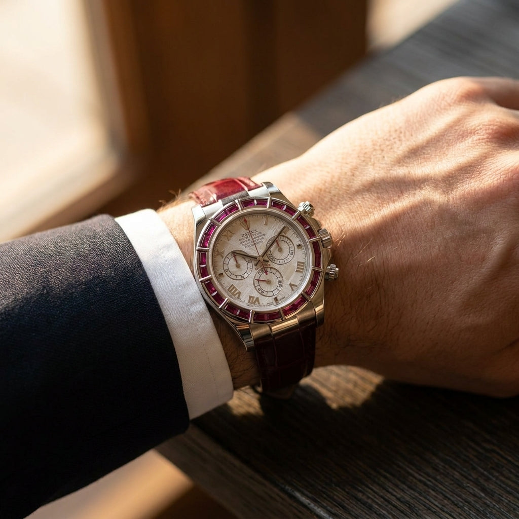 The Ruby Baguette Bezel worn on the wrist beneath a tailored shirt cuff