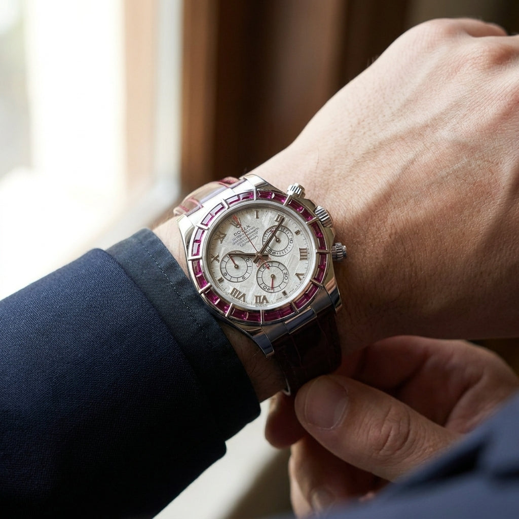 Ruby Baguette Bezel Chronograph — Meteorite-Effect Dial — editorial photograph