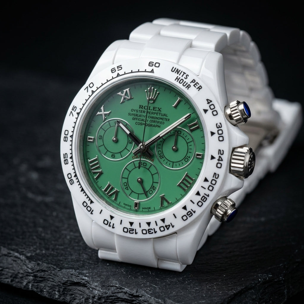 White ceramic chronograph at a three-quarter angle on dark slate, the fluted steel crown and blue-capped pushers beside the white bezel