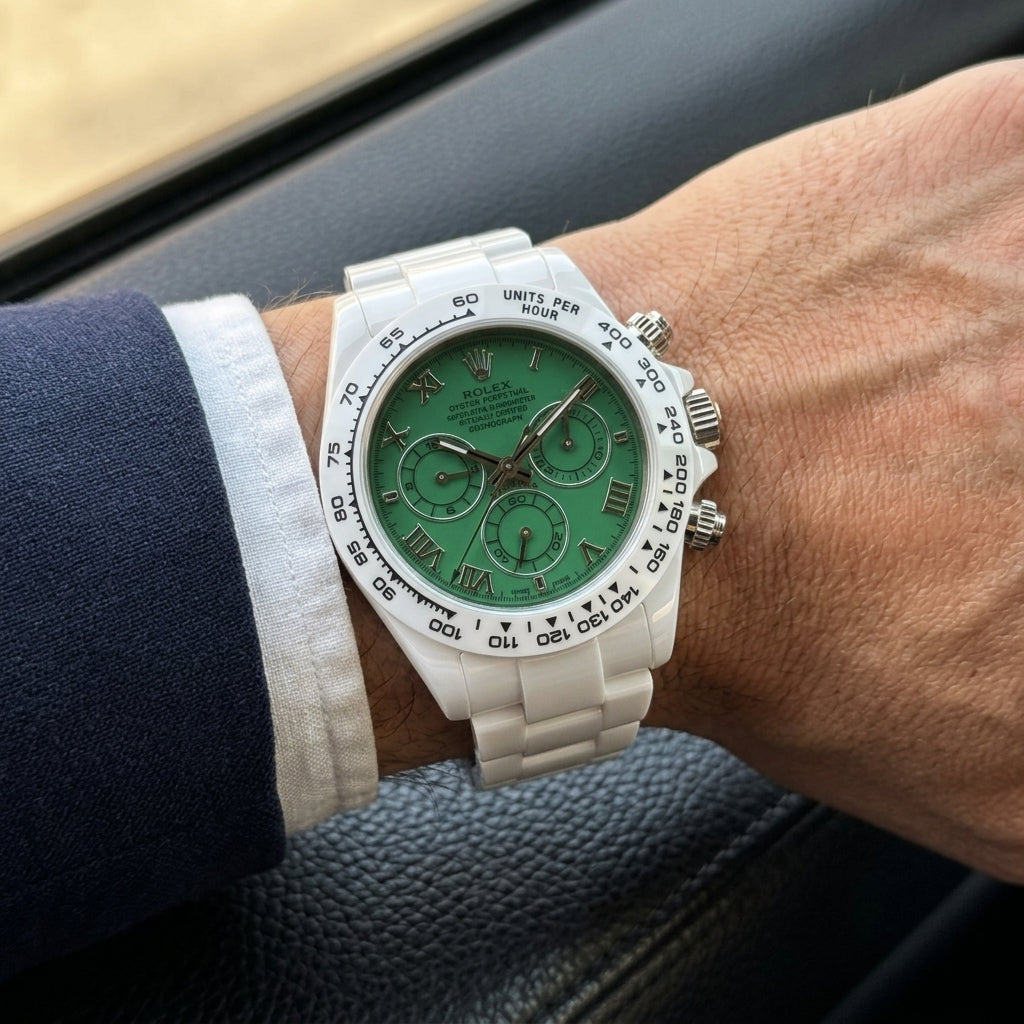 White ceramic chronograph with a green dial on its white ceramic bracelet, worn on the wrist below a dark suit cuff