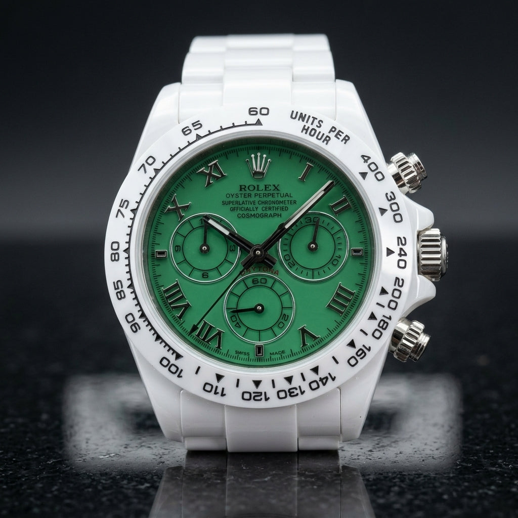 White ceramic chronograph with a green dial on its white ceramic bracelet, worn on the wrist below a dark suit cuff