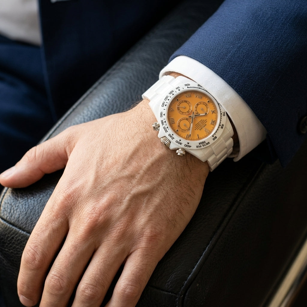 White ceramic chronograph with an orange dial on its white ceramic bracelet, worn on the wrist below a dark suit cuff