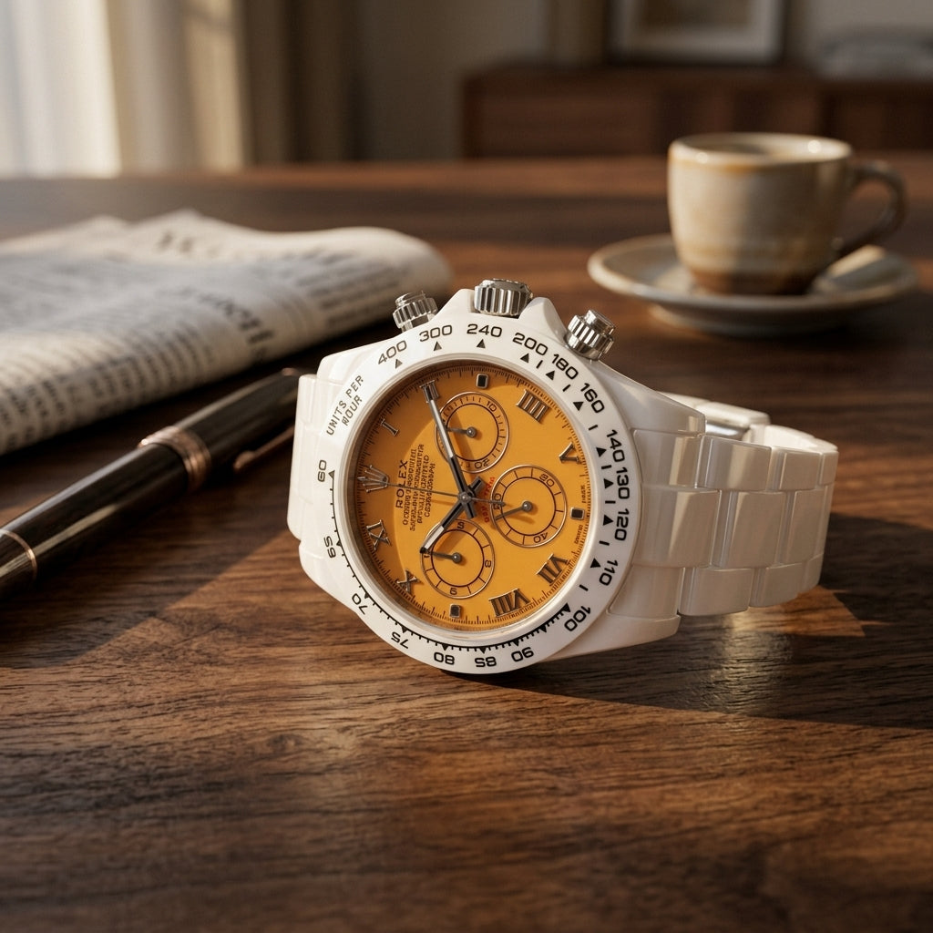 White ceramic chronograph with a mango-orange dial on a dark walnut desk beside a fountain pen