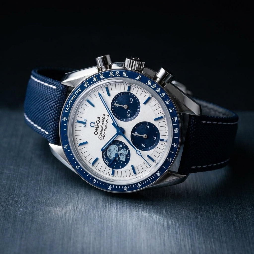 Three-quarter view showing the case profile and bracelet of the Silver Snoopy