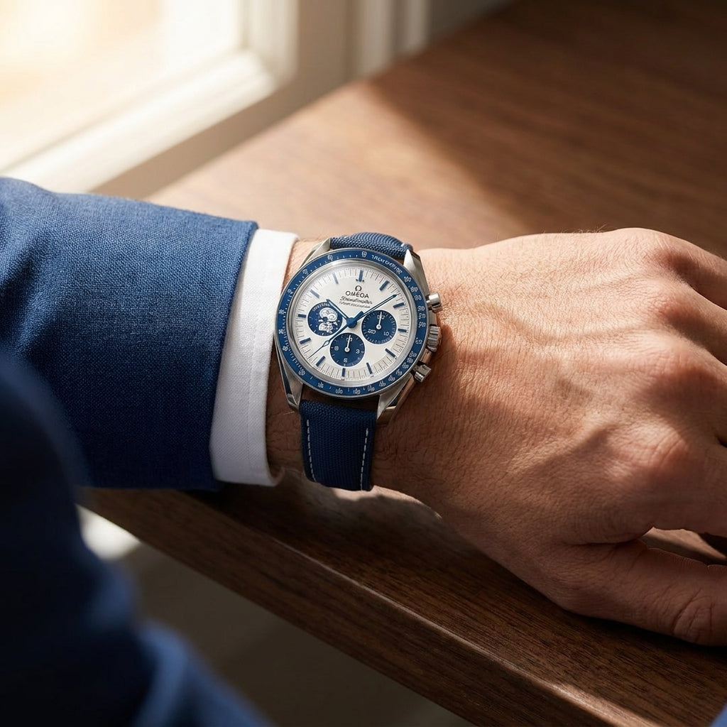The Silver Snoopy worn on the wrist beneath a tailored shirt cuff
