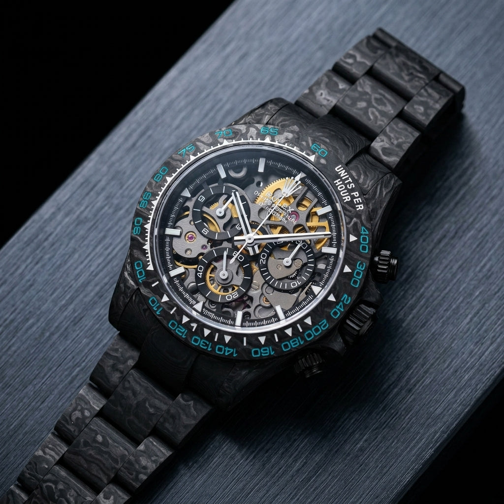 Carbon skeleton chronograph at a three-quarter angle on dark slate