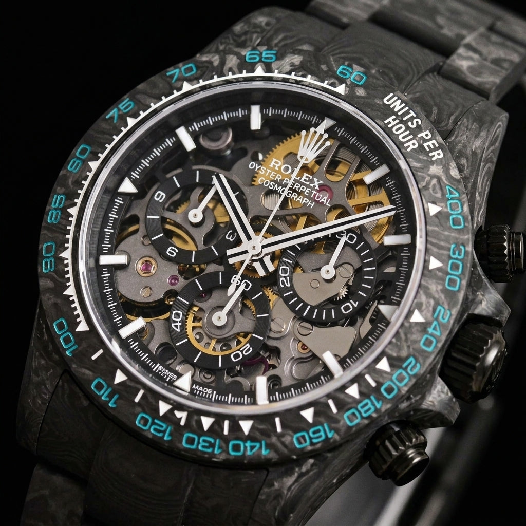 Macro of the skeletonised movement and the tachymeter bezel